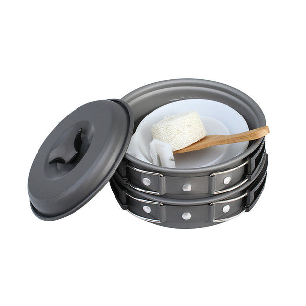 Camping Cookware Set – Portable 10-Piece Outdoor Cooking Kit | Non-Stick Pots, BPA-Free Bowls & Utensils, Wooden Spatula, Cleaning Sponge