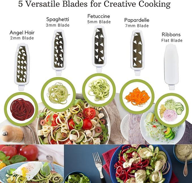 5-Blade Spiralizer – Multifunctional Foldable Vegetable Slicer | Healthy Diet Veggie Pasta Maker with Brush & 4 Recipe eBooks