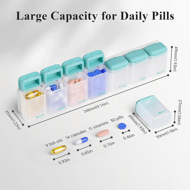 Weekly Pill Organizer Magnetic, Removable Pill Box 7 Day 1 Time a Day, Large Travel Pill Case, Week Once Daily Medication Dispenser, Medicine Container Holder for Supplement, Vitamin, Black