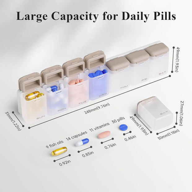 Weekly Pill Organizer Magnetic, Removable Pill Box 7 Day 1 Time a Day, Large Travel Pill Case, Week Once Daily Medication Dispenser, Medicine Container Holder for Supplement, Vitamin, Black