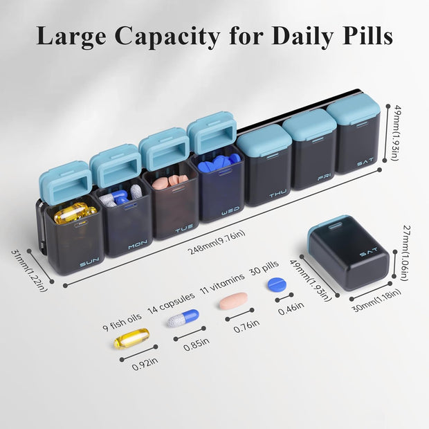 Weekly Pill Organizer Magnetic, Removable Pill Box 7 Day 1 Time a Day, Large Travel Pill Case, Week Once Daily Medication Dispenser, Medicine Container Holder for Supplement, Vitamin, Black