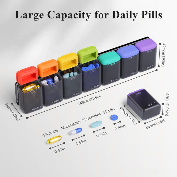 Weekly Pill Organizer Magnetic, Removable Pill Box 7 Day 1 Time a Day, Large Travel Pill Case, Week Once Daily Medication Dispenser, Medicine Container Holder for Supplement, Vitamin, Black