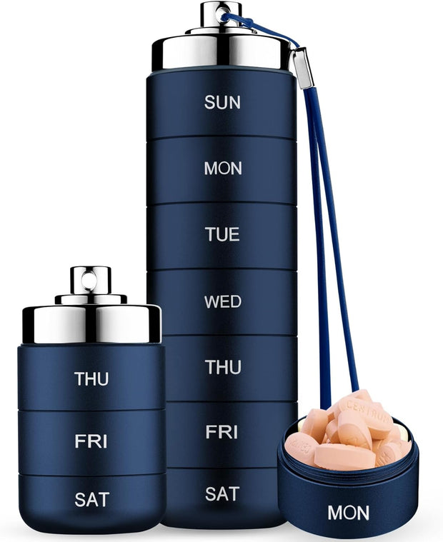 Metal Travel Pill Organizer, Portable 7 Day Vitamin Organizer Stackable, Waterproof 1 Times A Day Pill Box, Large Pill Container, Daily Medicine Organizer for Vitamin, Fish Oil, Supplement