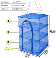 Drying Rack 4 Layers Folding Mesh, Foldable Nylon Netting, Hanging Drying Net, for Shrimp, Fish, Fruit, Vegetables, Herb, with Zipper Opening - Blue (25.59X13.78X13.78 in)