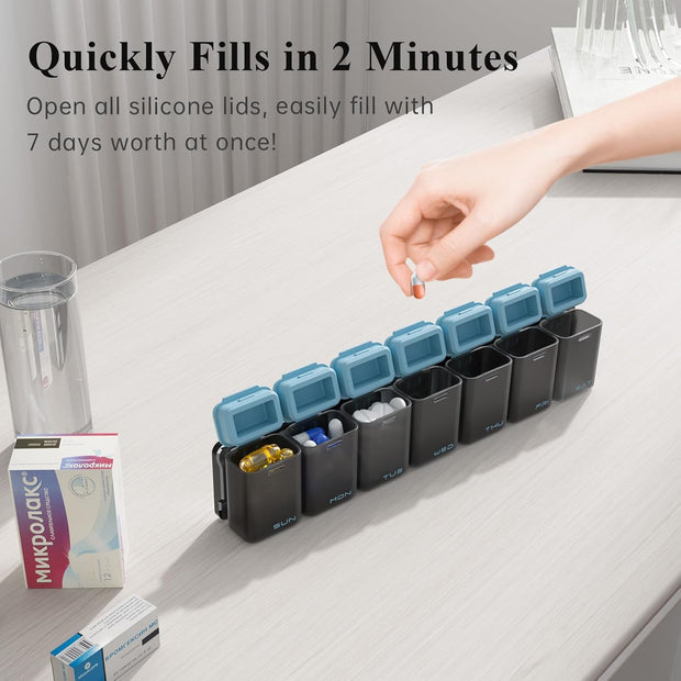 Weekly Pill Organizer Magnetic, Removable Pill Box 7 Day 1 Time a Day, Large Travel Pill Case, Week Once Daily Medication Dispenser, Medicine Container Holder for Supplement, Vitamin, Black