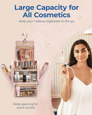 Makeup Bag for Women with Hanging Hook, Large Portable Capacity Water-resistant Organizer Travel Case for Toiletries and Cosmetics, Pink