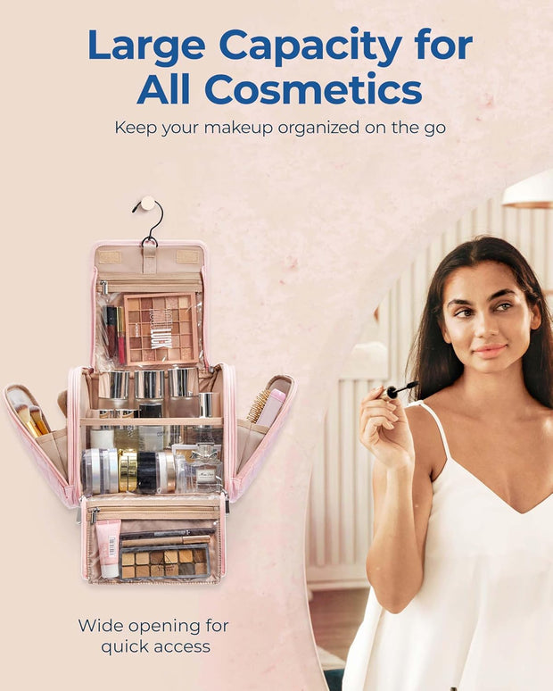 Makeup Bag for Women with Hanging Hook, Large Portable Capacity Water-resistant Organizer Travel Case for Toiletries and Cosmetics, Pink