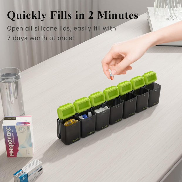 Weekly Pill Organizer Magnetic, Removable Pill Box 7 Day 1 Time a Day, Large Travel Pill Case, Week Once Daily Medication Dispenser, Medicine Container Holder for Supplement, Vitamin, Black