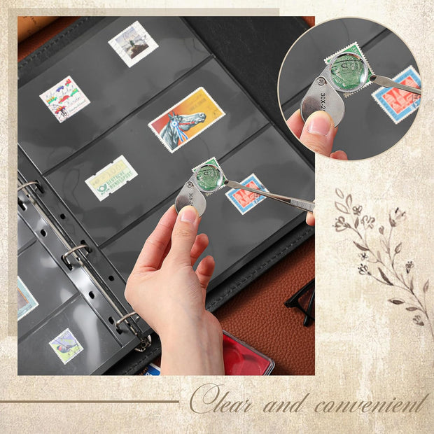 Lewtemi Stamp Collecting Albums Set Stamp Collection Book Include 20 Pages Album Binder Tweezer and Loop Magnifier Collecting Supplies for Collectors(Black)