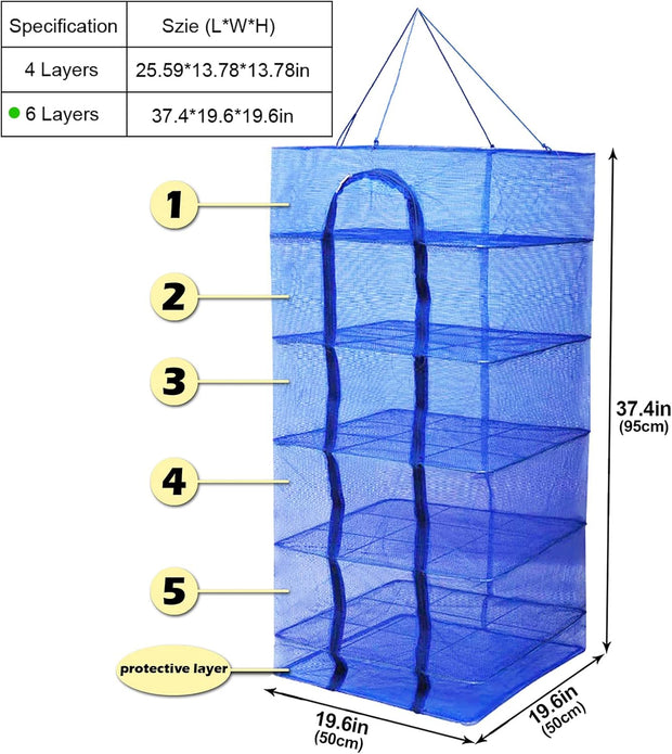 Drying Rack 4 Layers Folding Mesh, Foldable Nylon Netting, Hanging Drying Net, for Shrimp, Fish, Fruit, Vegetables, Herb, with Zipper Opening - Blue (25.59X13.78X13.78 in)
