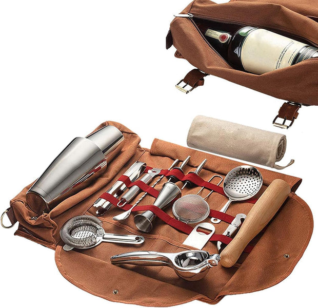 Bartender Travel Bag – Portable Canvas Barware Storage Roll Bag with Shoulder Strap