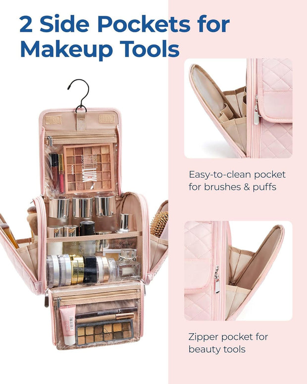 Makeup Bag for Women with Hanging Hook, Large Portable Capacity Water-resistant Organizer Travel Case for Toiletries and Cosmetics, Pink