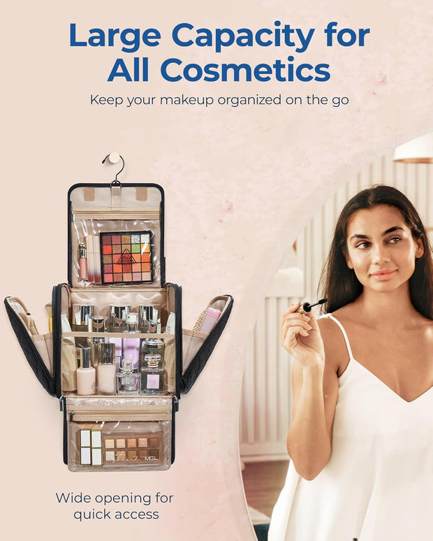 Makeup Bag for Women with Hanging Hook, Large Portable Capacity Water-resistant Organizer Travel Case for Toiletries and Cosmetics, Pink