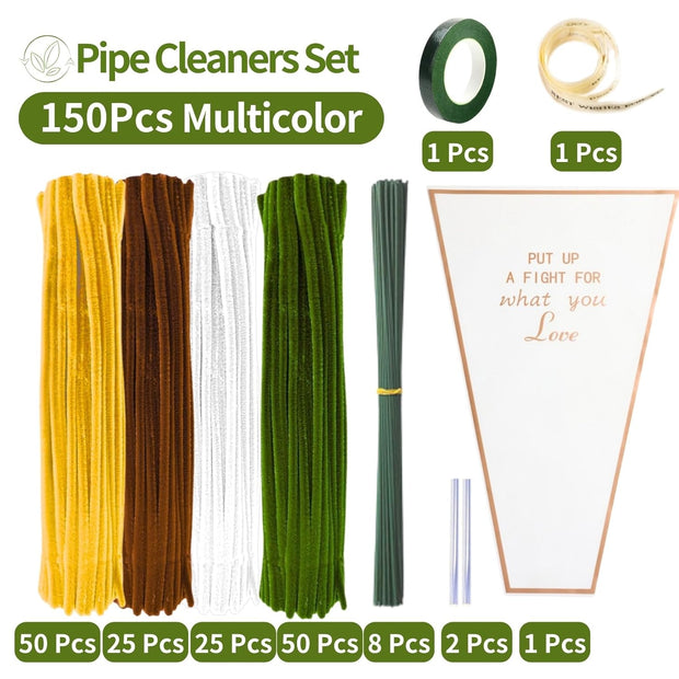 Sunflower Bouquet Pipe Cleaners Set with 150 Pieces Pipe Cleaners Colourful with 4 Colours (Brown, Golden Yellow, White, Leaf Green), 8 Pieces Green Craft Wire, Gift Wrapping Paper, Ribbon, Craft