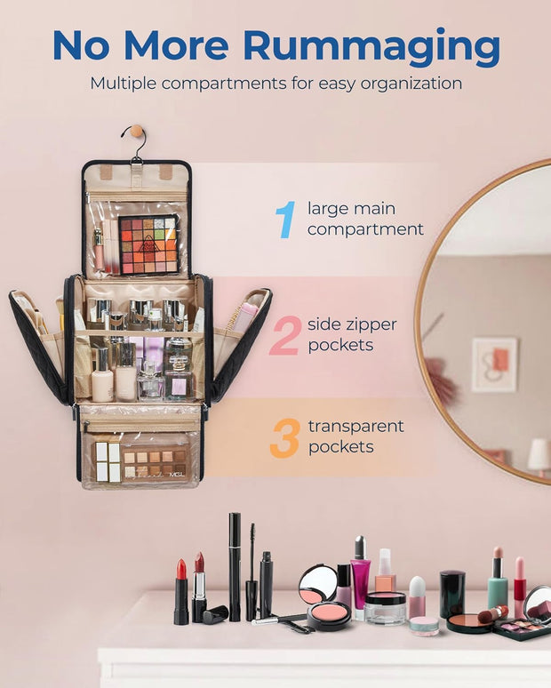 Makeup Bag for Women with Hanging Hook, Large Portable Capacity Water-resistant Organizer Travel Case for Toiletries and Cosmetics, Pink