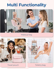Makeup Bag for Women with Hanging Hook, Large Portable Capacity Water-resistant Organizer Travel Case for Toiletries and Cosmetics, Pink