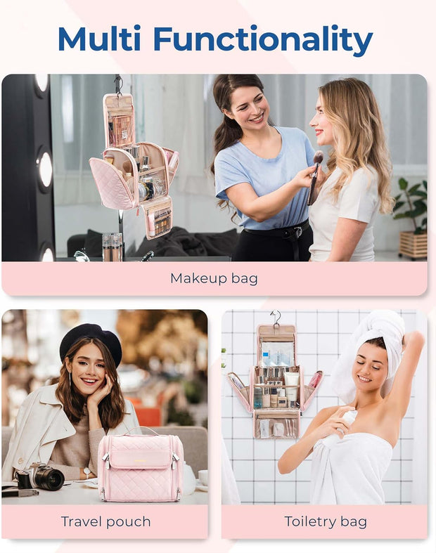 Makeup Bag for Women with Hanging Hook, Large Portable Capacity Water-resistant Organizer Travel Case for Toiletries and Cosmetics, Pink