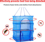 Drying Rack 4 Layers Folding Mesh, Foldable Nylon Netting, Hanging Drying Net, for Shrimp, Fish, Fruit, Vegetables, Herb, with Zipper Opening - Blue (25.59X13.78X13.78 in)
