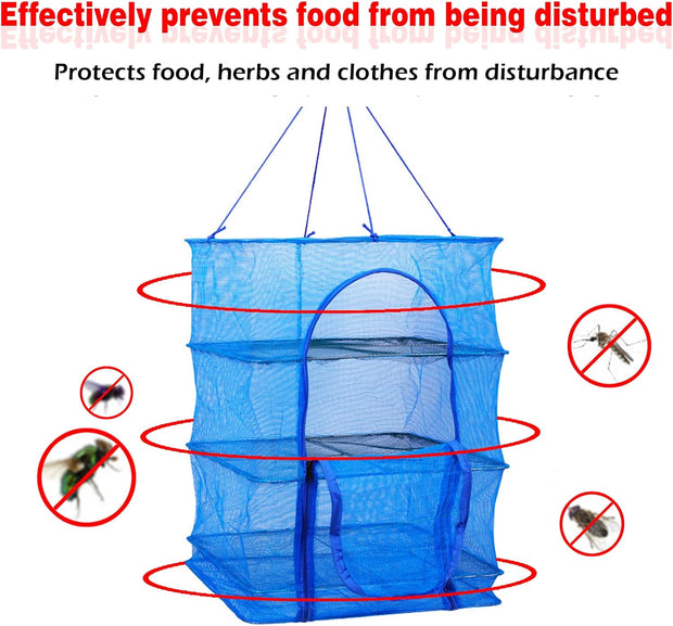 Drying Rack 4 Layers Folding Mesh, Foldable Nylon Netting, Hanging Drying Net, for Shrimp, Fish, Fruit, Vegetables, Herb, with Zipper Opening - Blue (25.59X13.78X13.78 in)