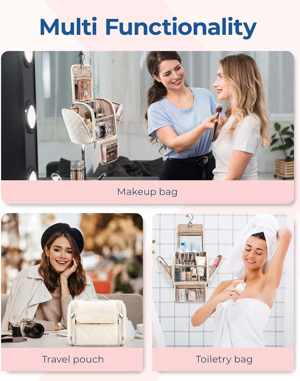 Makeup Bag for Women with Hanging Hook, Large Portable Capacity Water-resistant Organizer Travel Case for Toiletries and Cosmetics, Pink