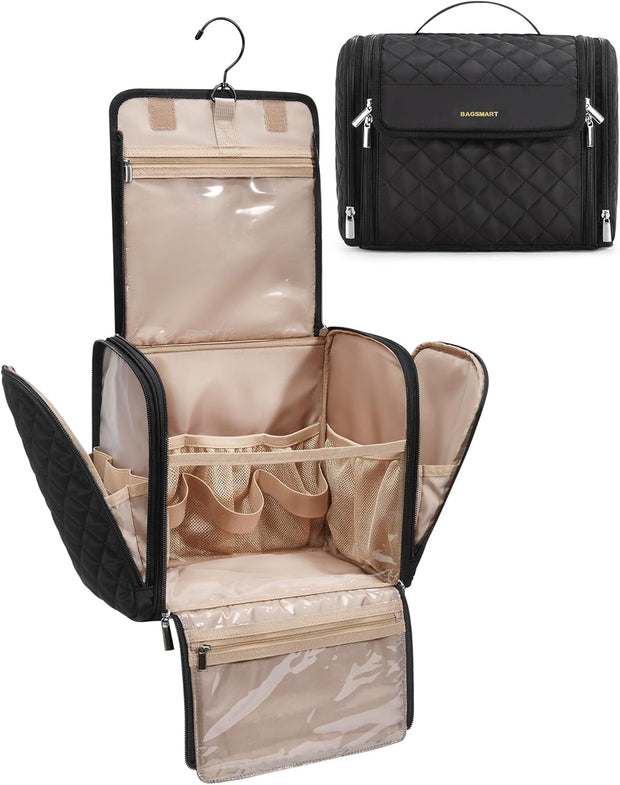 Makeup Bag for Women with Hanging Hook, Large Portable Capacity Water-resistant Organizer Travel Case for Toiletries and Cosmetics, Pink