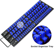 Mayouko 80-Piece Portable Socket Organizer Tray, 2 Pcs Set, Blue & Red, Tools Organizer 1/4-Inch, 3/8-Inch, 1/2-Inch, Heavy Duty Socket Holder, Black Rails, Blue & Red Clips