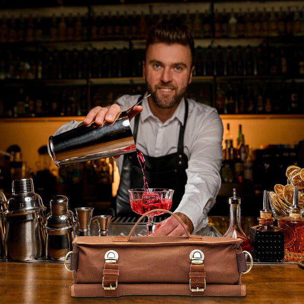 Bartender Travel Bag – Portable Canvas Barware Storage Roll Bag with Shoulder Strap