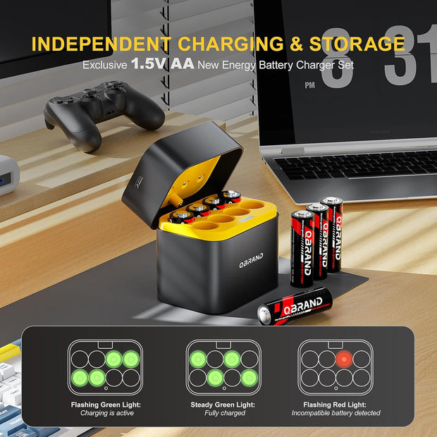 Lithium AA Rechargeable Batteries with Charger - 8 Pack 1.5V 3600mWh Double A Batteries, Quick Charge 3H, Storage Box for Blink Cameras/Game Callers/Motorized Toys (Replace with Nimh/Nicd/Lithium)