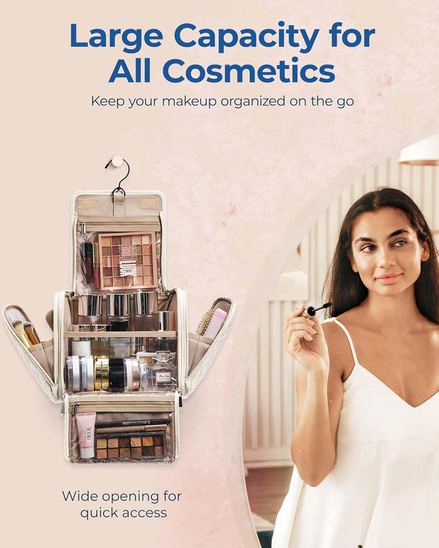 Makeup Bag for Women with Hanging Hook, Large Portable Capacity Water-resistant Organizer Travel Case for Toiletries and Cosmetics, Pink