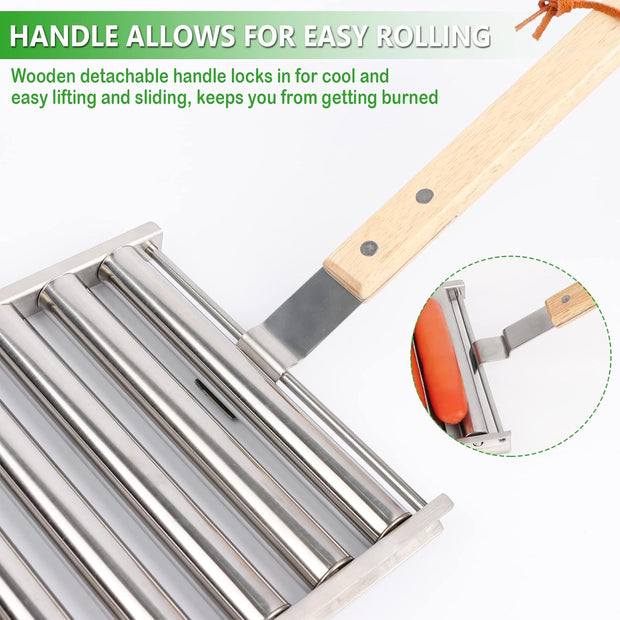 Stainless Steel Hot Dog Sausage Roller | BBQ Grill with Extra-Long Wooden Handle | Evenly Grills 5 Hot Dogs