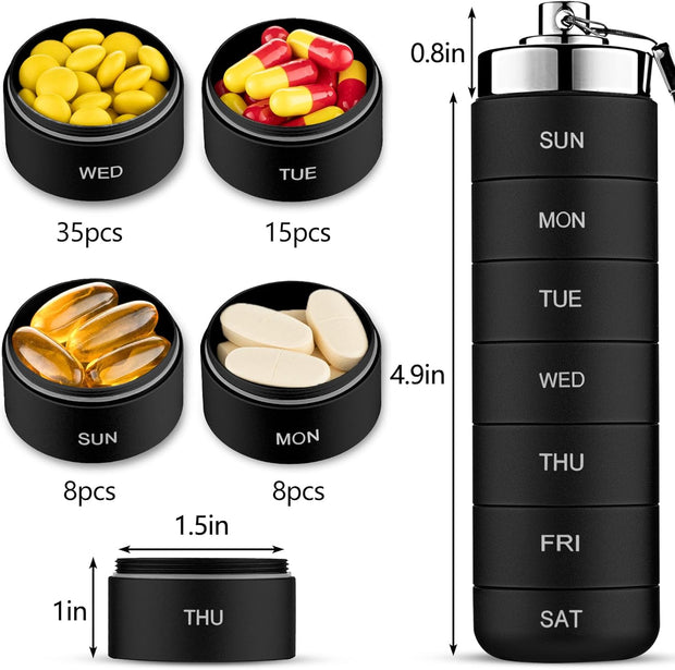 Metal Travel Pill Organizer, Portable 7 Day Vitamin Organizer Stackable, Waterproof 1 Times A Day Pill Box, Large Pill Container, Daily Medicine Organizer for Vitamin, Fish Oil, Supplement