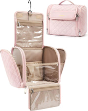 Makeup Bag for Women with Hanging Hook, Large Portable Capacity Water-resistant Organizer Travel Case for Toiletries and Cosmetics, Pink