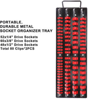 Mayouko 80-Piece Portable Socket Organizer Tray, 2 Pcs Set, Blue & Red, Tools Organizer 1/4-Inch, 3/8-Inch, 1/2-Inch, Heavy Duty Socket Holder, Black Rails, Blue & Red Clips