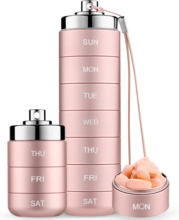 Metal Travel Pill Organizer, Portable 7 Day Vitamin Organizer Stackable, Waterproof 1 Times A Day Pill Box, Large Pill Container, Daily Medicine Organizer for Vitamin, Fish Oil, Supplement