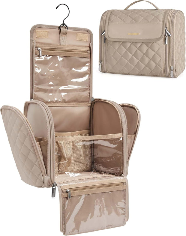 Makeup Bag for Women with Hanging Hook, Large Portable Capacity Water-resistant Organizer Travel Case for Toiletries and Cosmetics, Pink