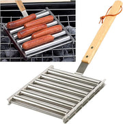 Stainless Steel Hot Dog Sausage Roller | BBQ Grill with Extra-Long Wooden Handle | Evenly Grills 5 Hot Dogs