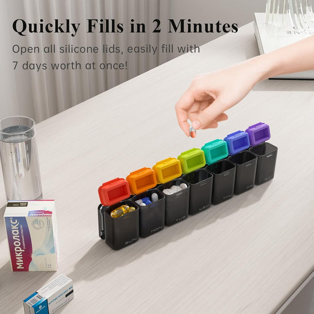 Weekly Pill Organizer Magnetic, Removable Pill Box 7 Day 1 Time a Day, Large Travel Pill Case, Week Once Daily Medication Dispenser, Medicine Container Holder for Supplement, Vitamin, Black