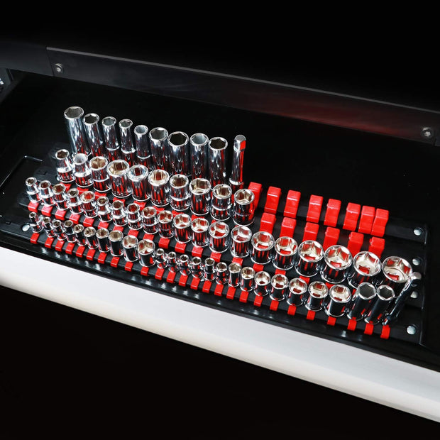 Mayouko 80-Piece Portable Socket Organizer Tray, 2 Pcs Set, Blue & Red, Tools Organizer 1/4-Inch, 3/8-Inch, 1/2-Inch, Heavy Duty Socket Holder, Black Rails, Blue & Red Clips