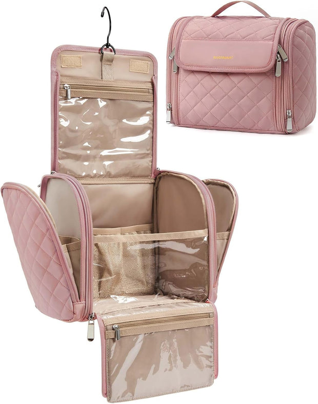 Makeup Bag for Women with Hanging Hook, Large Portable Capacity Water-resistant Organizer Travel Case for Toiletries and Cosmetics, Pink