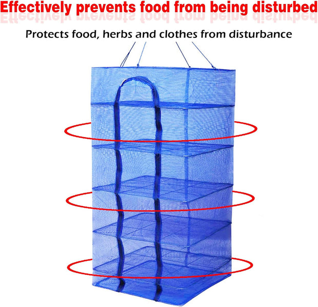 Drying Rack 4 Layers Folding Mesh, Foldable Nylon Netting, Hanging Drying Net, for Shrimp, Fish, Fruit, Vegetables, Herb, with Zipper Opening - Blue (25.59X13.78X13.78 in)