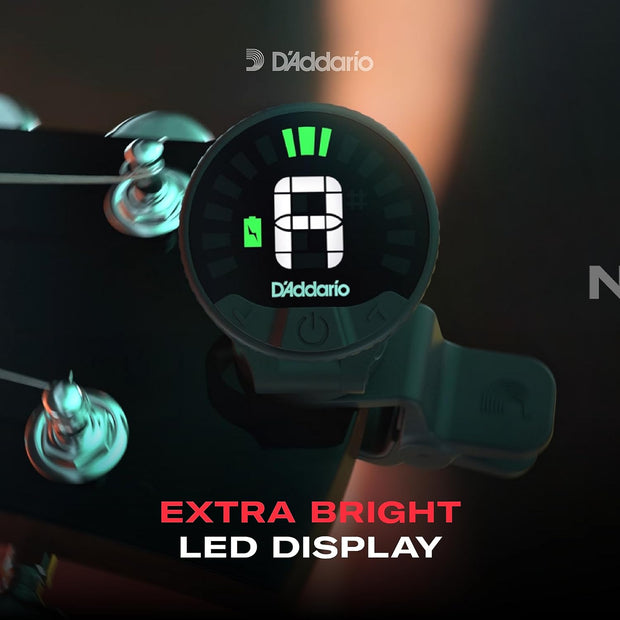 D'Addario Nexxus 360 Rechargeable Guitar Tuner - Clip On Guitar Tuner - Acoustic Guitar Tuner - Electric Guitar Tuner - 24 Hours of Tuning Time per Charge - Rotates 360-degrees