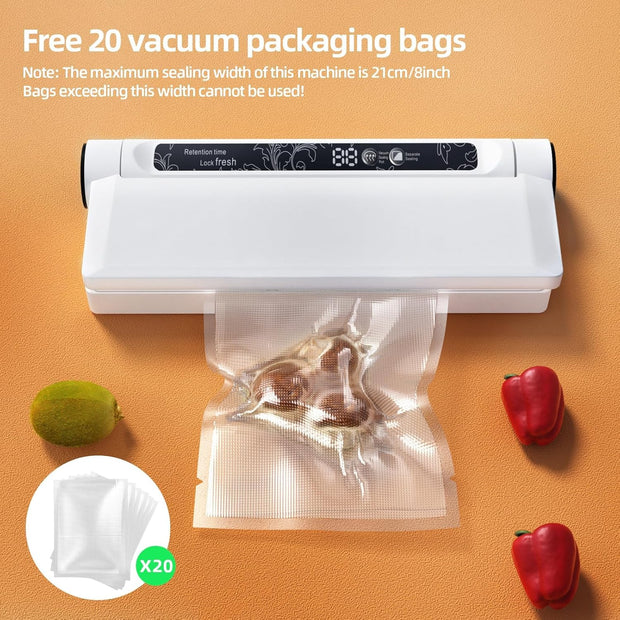 Food Storage Vacuum Sealer Machine, 75KPA Strong Suction, Dry/Wet Modes, 20 Vacuum Seal Bags for Food, Digital Countdown Timer, Compact Lightweight, Ideal for Home Kitchen Use