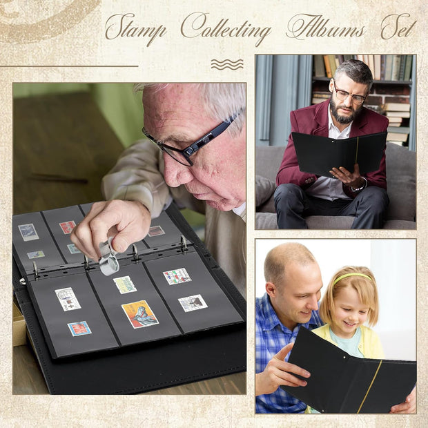 Lewtemi Stamp Collecting Albums Set Stamp Collection Book Include 20 Pages Album Binder Tweezer and Loop Magnifier Collecting Supplies for Collectors(Black)