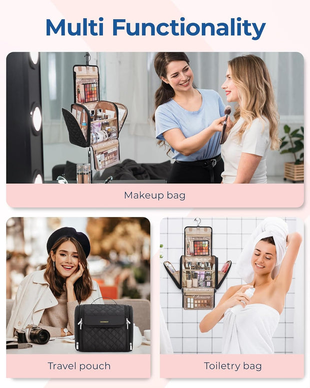 Makeup Bag for Women with Hanging Hook, Large Portable Capacity Water-resistant Organizer Travel Case for Toiletries and Cosmetics, Pink