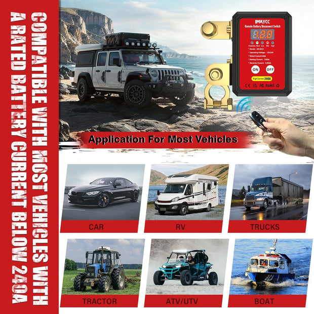 Kill Switch for Car, 12V Remote Battery Disconnect Switch 240A, Car Battery Kill Switch Anti Theft, Automatic Cut/Shut Off Switch for Auto, RV, ATV,Truck, Boat.