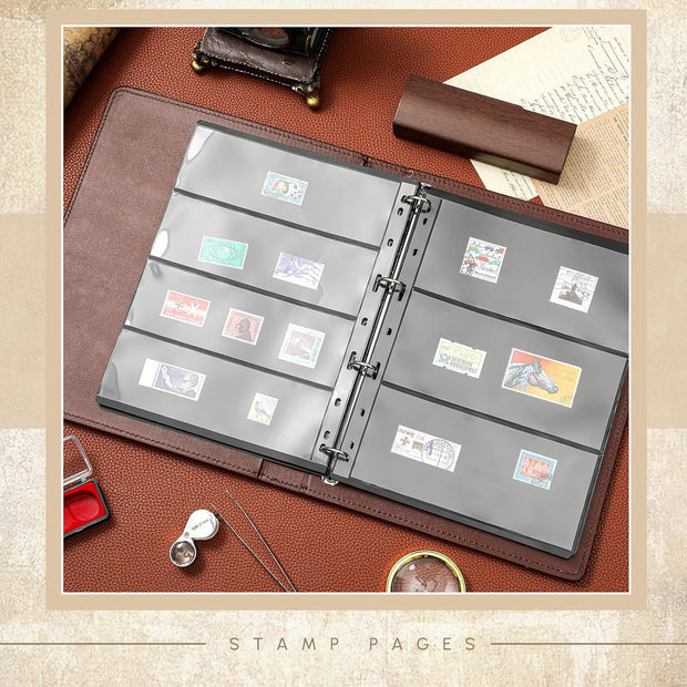 Lewtemi Stamp Collecting Albums Set Stamp Collection Book Include 20 Pages Album Binder Tweezer and Loop Magnifier Collecting Supplies for Collectors(Black)