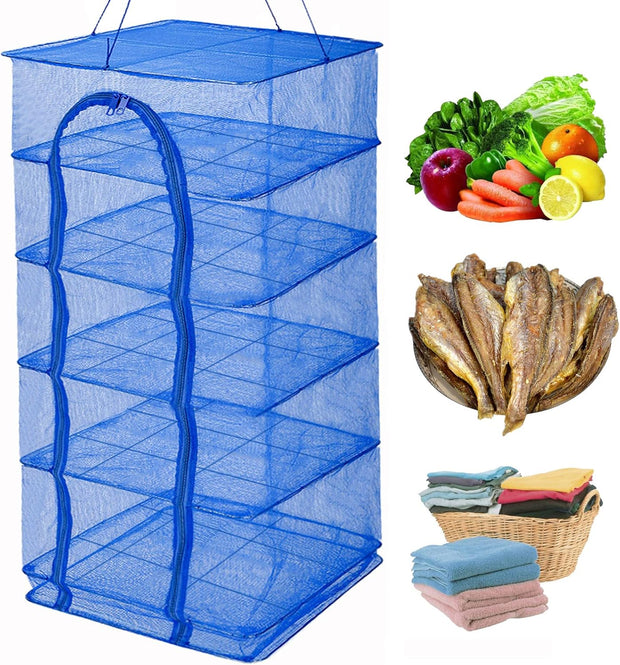 Drying Rack 4 Layers Folding Mesh, Foldable Nylon Netting, Hanging Drying Net, for Shrimp, Fish, Fruit, Vegetables, Herb, with Zipper Opening - Blue (25.59X13.78X13.78 in)