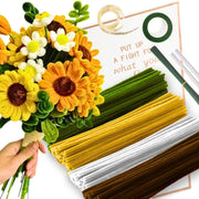 Sunflower Bouquet Pipe Cleaners Set with 150 Pieces Pipe Cleaners Colourful with 4 Colours (Brown, Golden Yellow, White, Leaf Green), 8 Pieces Green Craft Wire, Gift Wrapping Paper, Ribbon, Craft