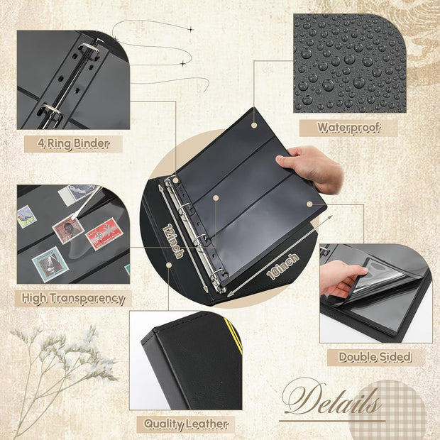 Lewtemi Stamp Collecting Albums Set Stamp Collection Book Include 20 Pages Album Binder Tweezer and Loop Magnifier Collecting Supplies for Collectors(Black)