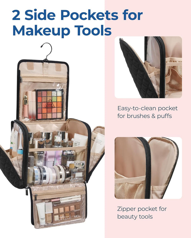 Makeup Bag for Women with Hanging Hook, Large Portable Capacity Water-resistant Organizer Travel Case for Toiletries and Cosmetics, Pink